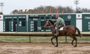 Horse & jockey riding at Fairmount Part Racetrack in Illinois