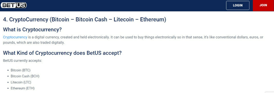 BetUS Accepted Cryptocurrencies