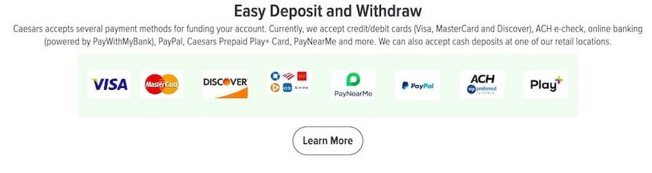 Caesars deposit and wihdraw page