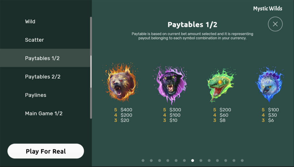 Mystic Wilds Slot Paytable Information