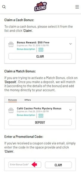 Cafe Casino Claim Bonus