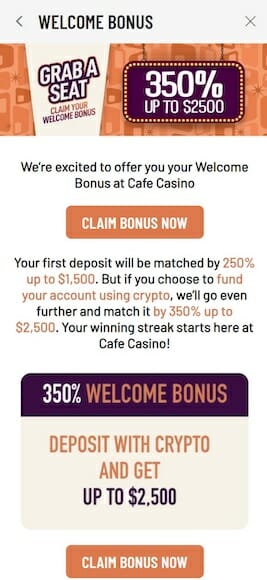 Cafe Casino Welcome Bonus