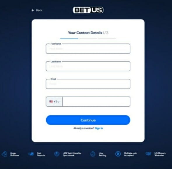 BetUS sign up page
