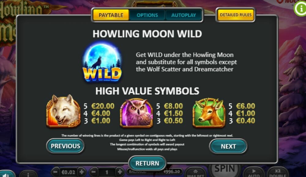 Howling at the Moon Paytable