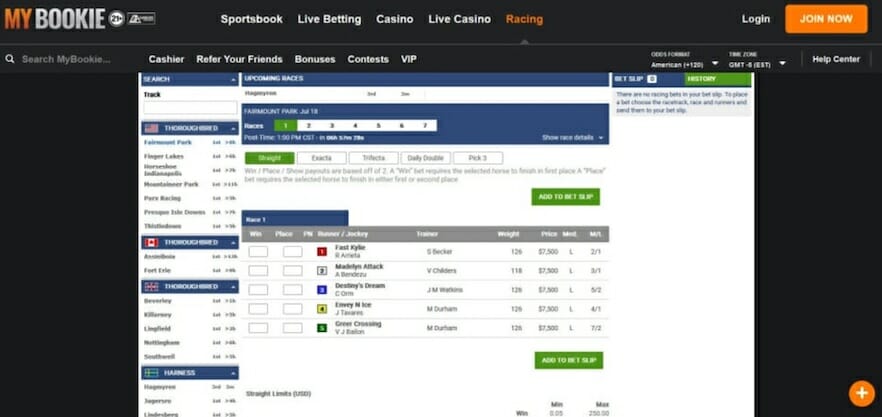 MyBookie Horse Betting page