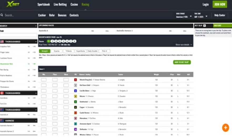 XBet racing home page