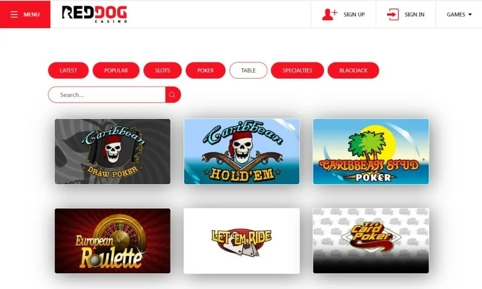 Red Dog Casino Table Games